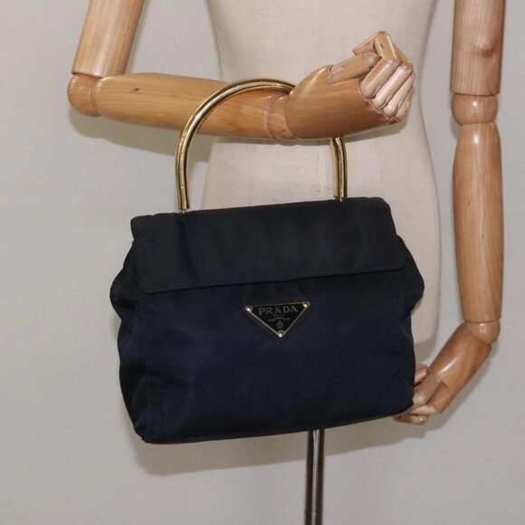 PRADA Hand Bag Nylon Navy Gold Auth JB052 - Picture 14 of 16